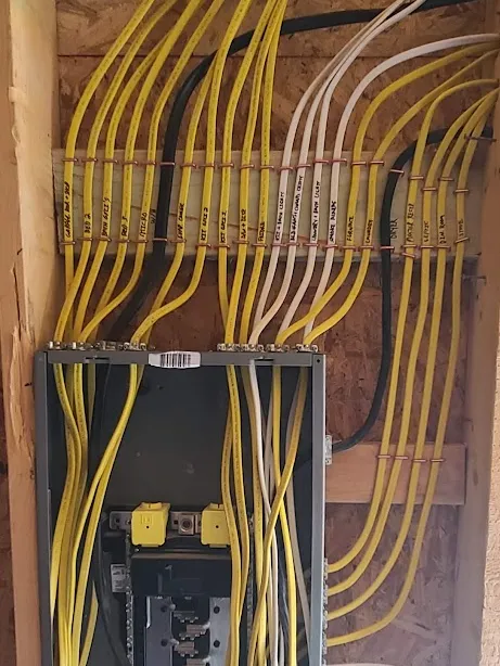 Organized rough-in wiring entering a new panel